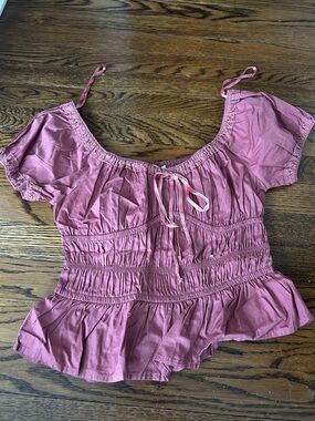 Smocked Peplum Short-Sleeve Blouse in Mauve Pink